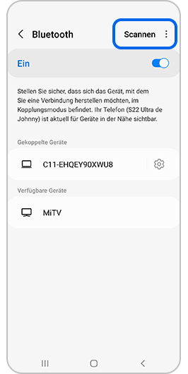 Screenshot der Bluetooth-Einstellungen, in dem oben rechts die Option zum Scannen mit einem blauen Kasten markiert ist.