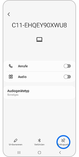 Screenshot des Bildschirms eines gekoppelten Geräts, in dem unten rechts die Option zur Entkoppelung mit einem blauen Kreis markiert ist.