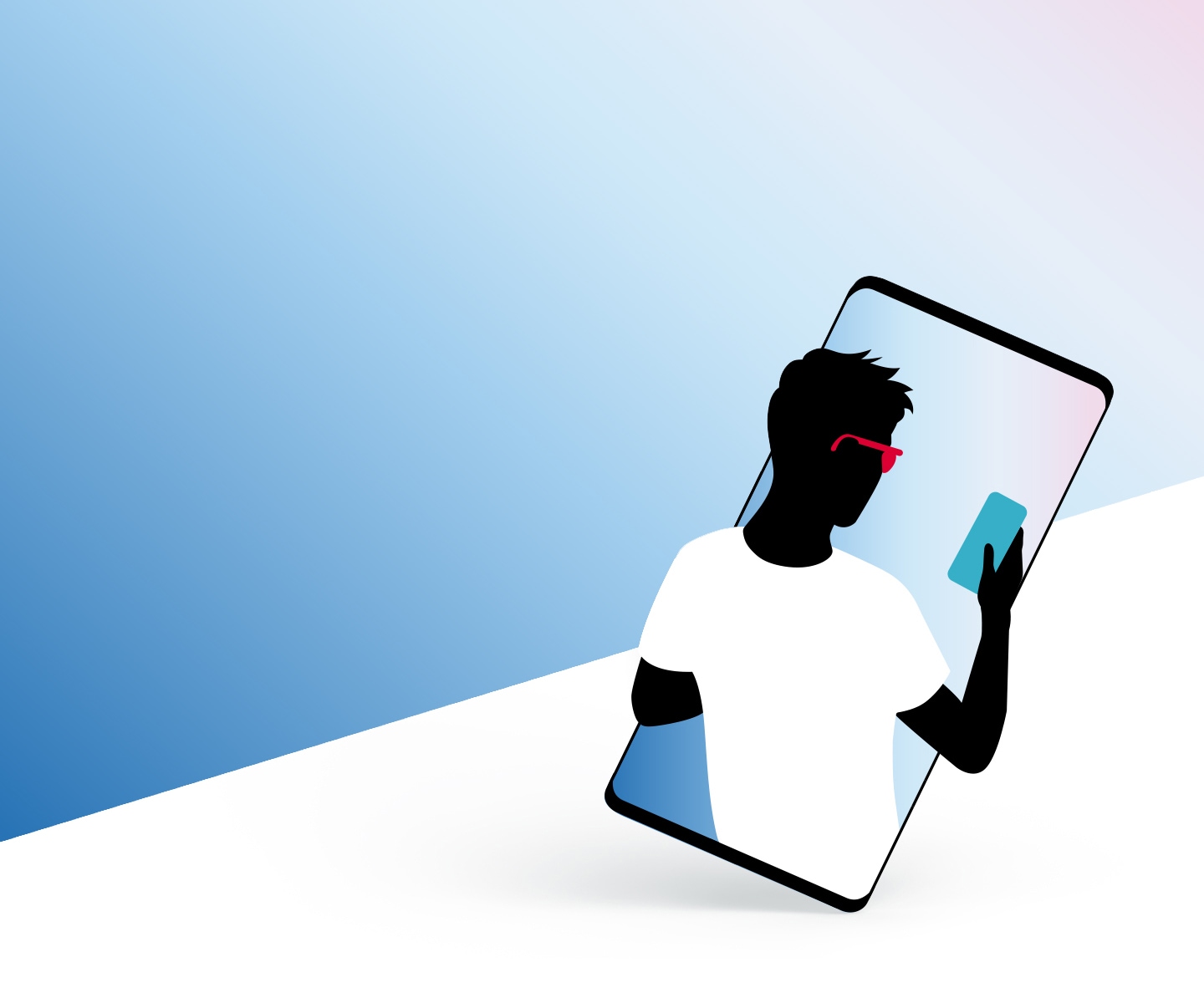 Sur un Galaxy S10, nous voyons une illustration montrant un homme d'affaires tenant un téléphone Galaxy bleu.