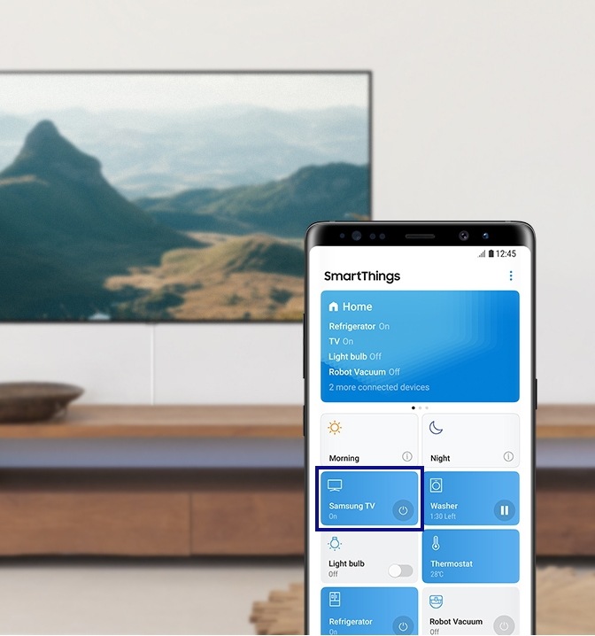 Page principale de l'application SmartThings sur un smartphone : le bouton Samsung TV est en surbrillance.