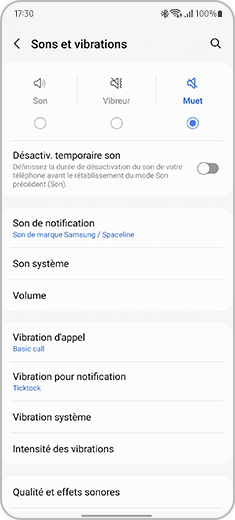 Aperçu du menu Sons et vibrations d'un smartphone Samsung