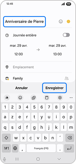 Écrire l’événement puis confirmer ce dernier en appuyant sur Enregistrer