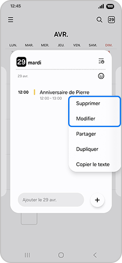 Sélectionner Supprimer ou Modifier selon le cas de figure