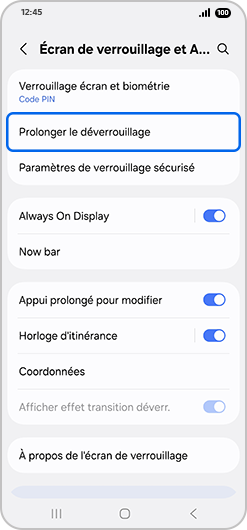 Image avec la rubrique Prolonger le déverrouillage en surbrillance