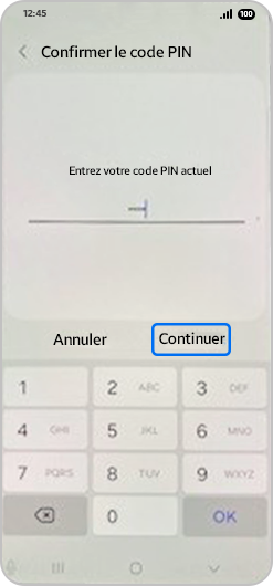 Image avec un code PIN saisi et la touche Continuer en surbrillance