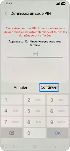 Nouveau code PIN défini et la touche Continuer en surbrillance
