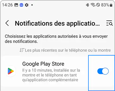 Une liste des applications avec les commutateurs dans l’application Galaxy Wearable