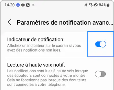 Liste des paramètres de notifications avancés dans l’application Galaxy Wearable.
