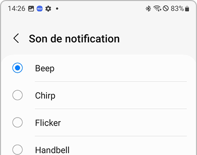 Liste des Sons de notification dans l’application Galaxy Wearable.