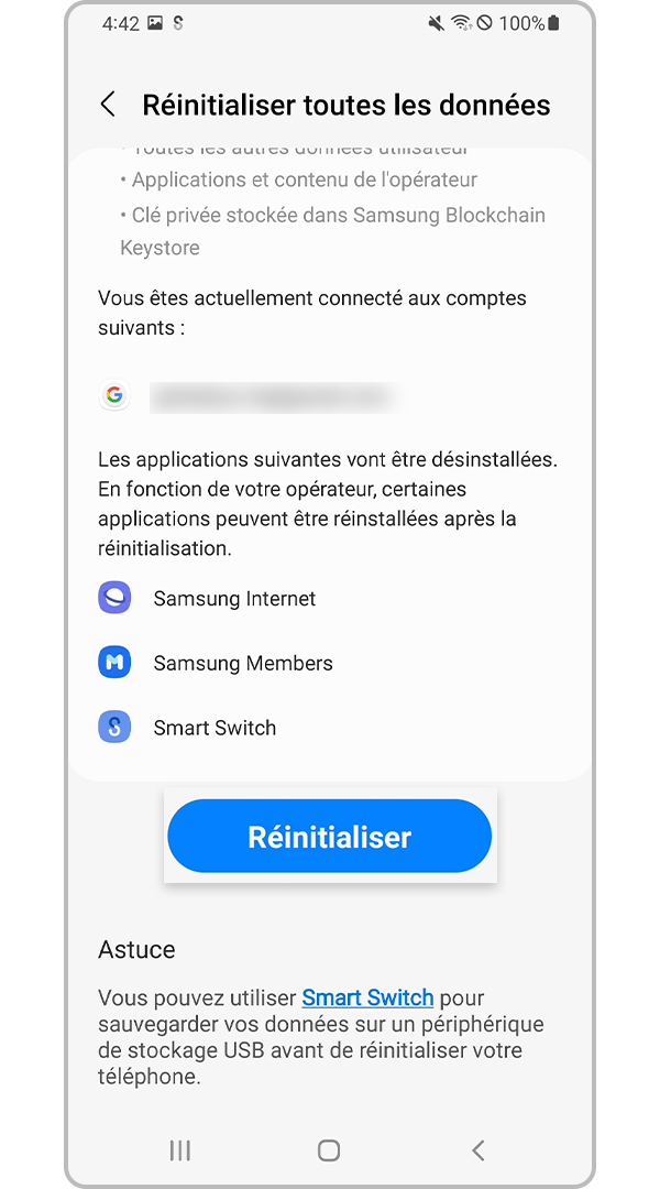 Application de réinitialisation des données d’usine
