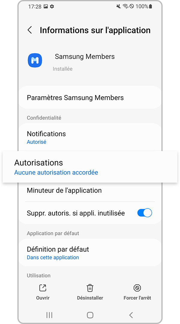 Sélectionner les autorisations de l’application