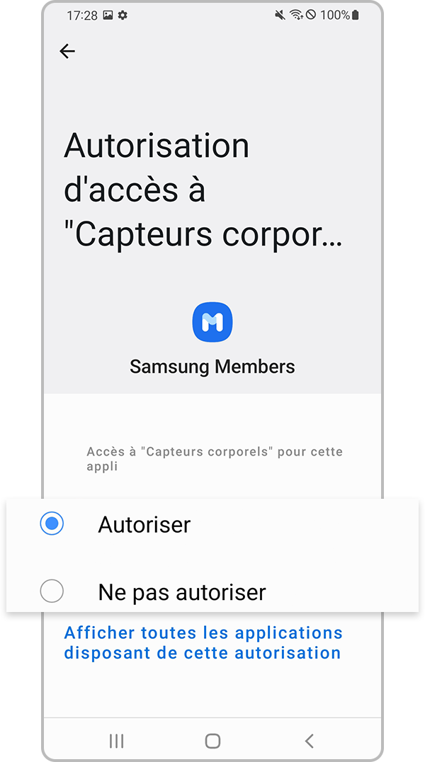 Sélectionner autoriser ou ne pas autoriser pour les autorisations d’application
