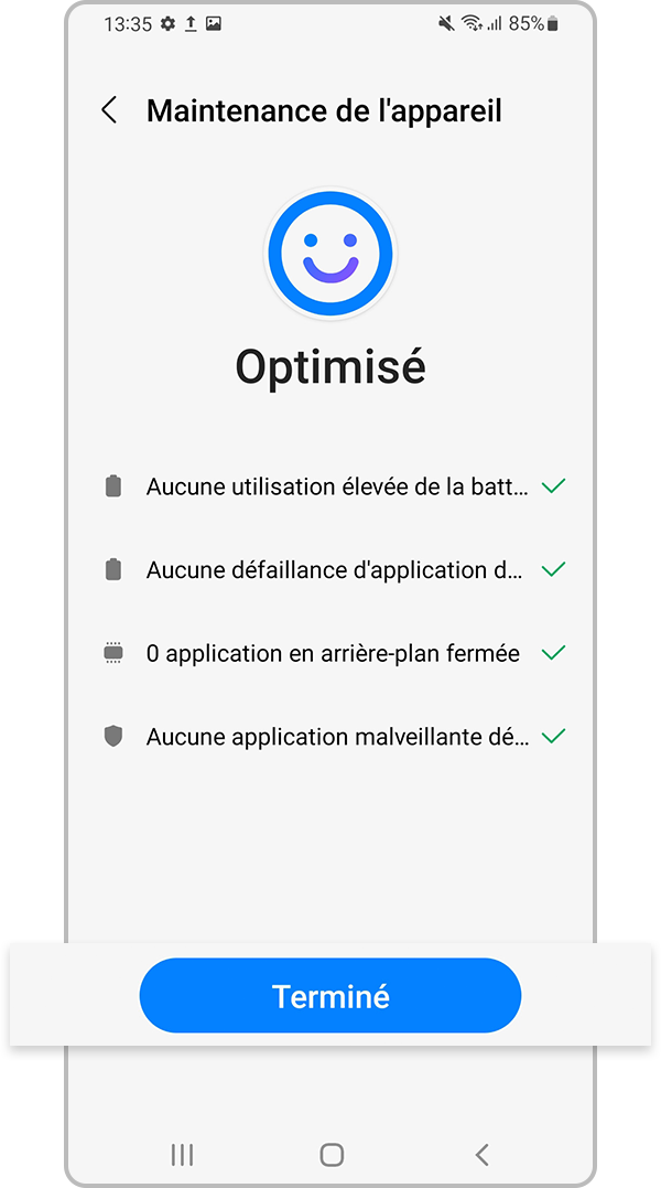 Appuyer sur Terminé pour terminer l’optimisation