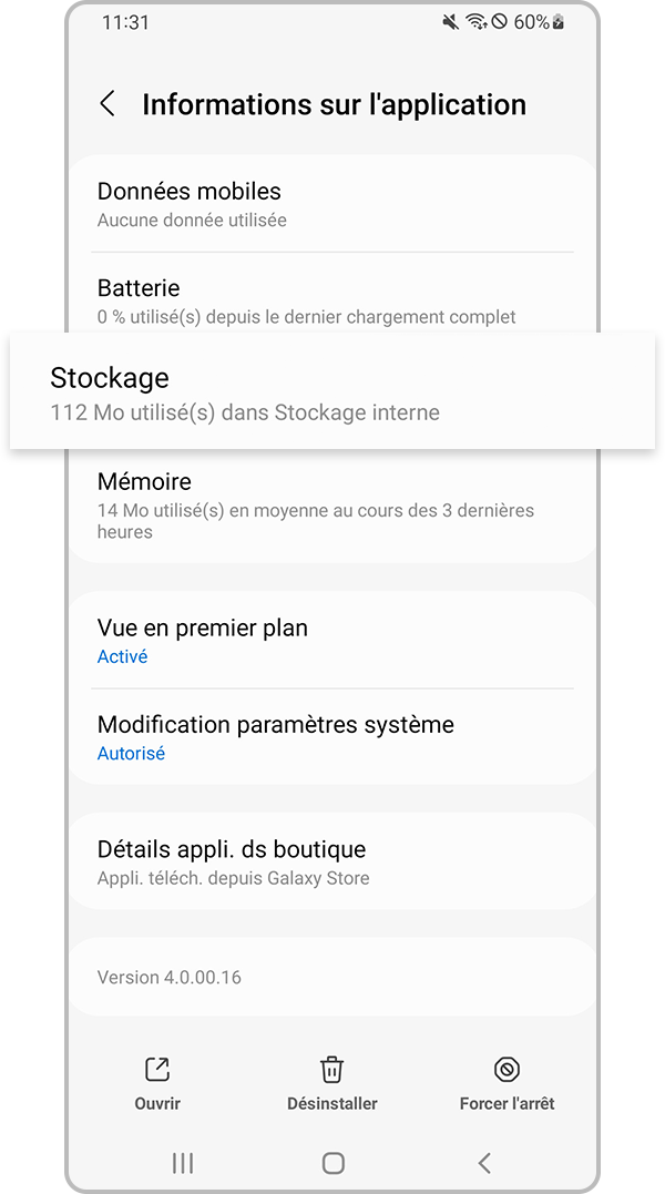 Sélectionner le stockage.