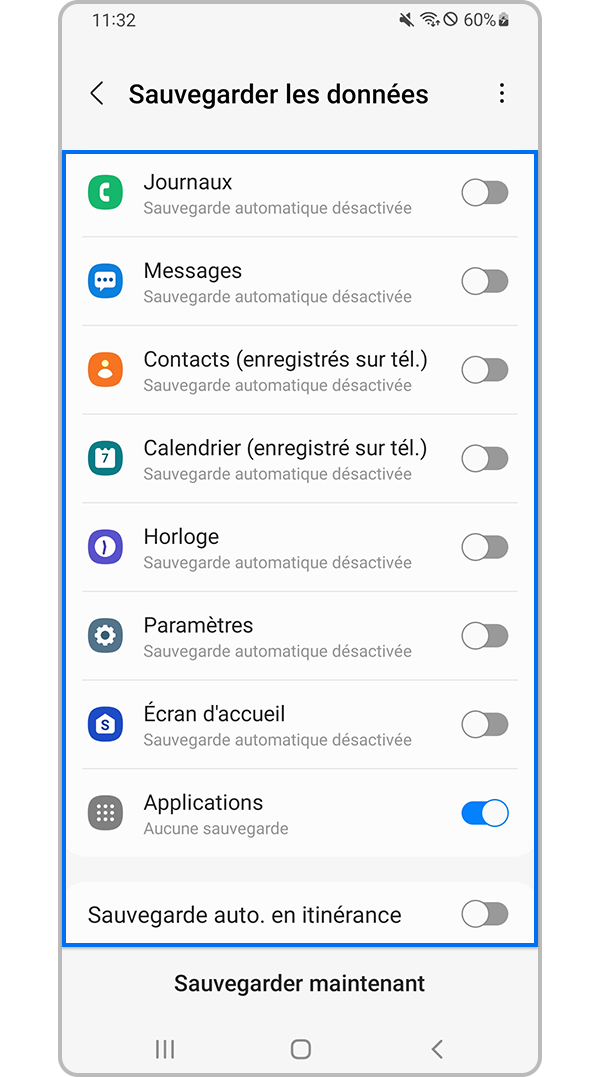 Sélectionner le type de données devant être uploadées sur Samsung Cloud