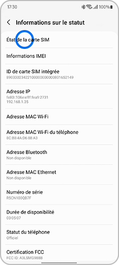 ÉTAPE 3 : appuie ensuite sur État de la carte SIM.