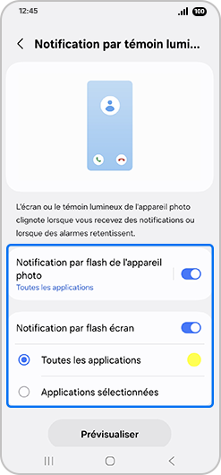 Activer les nofications par flash de l'appareil photo