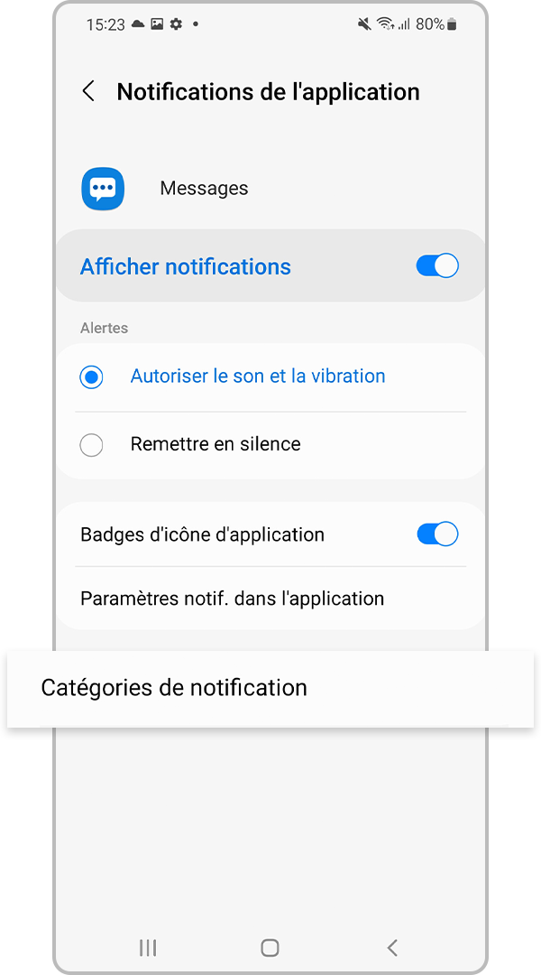 Dans Messages, appuyer sur Catégories de notification