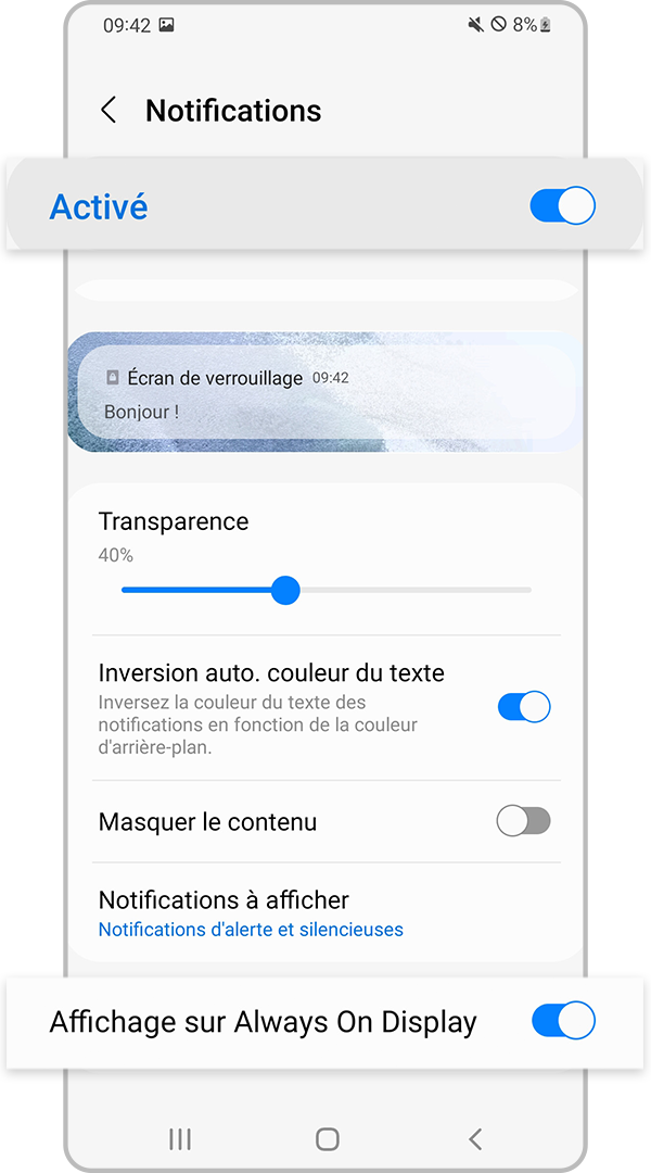 Activer les paramètres de notifications sur Always On Display