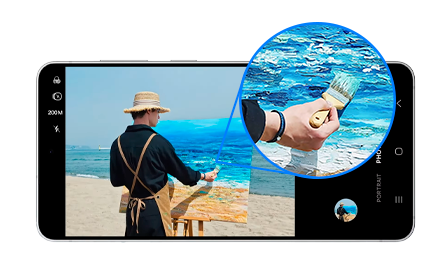 Écran du Galaxy S25 Edge avec l'application caméra ouverte et détail de la photo mis en avant