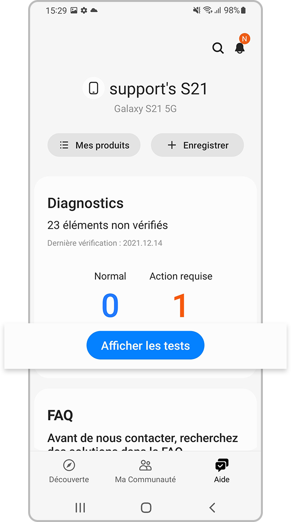 Samsung Members Afficher les tests dans Diagnostics