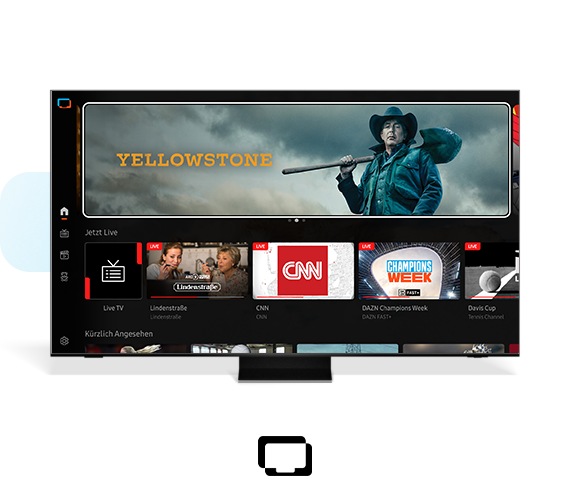 Une Smart TV Samsung affichant l'écran d'accueil de Samsung TV Plus avec différentes chaînes de télévision disponibles.