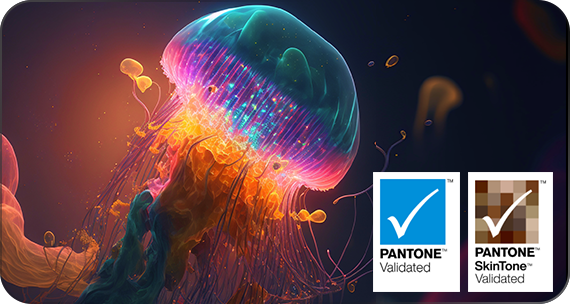 Una medusa se representa en tonos oscuros. Una sección del cuerpo de la medusa, enmarcada por el recuadro con certificación Pantone, se muestra colorida.