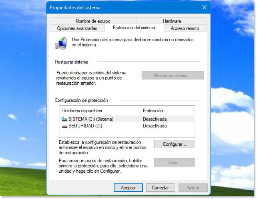 Select the System Protection tab in System Properties, and then select Create.