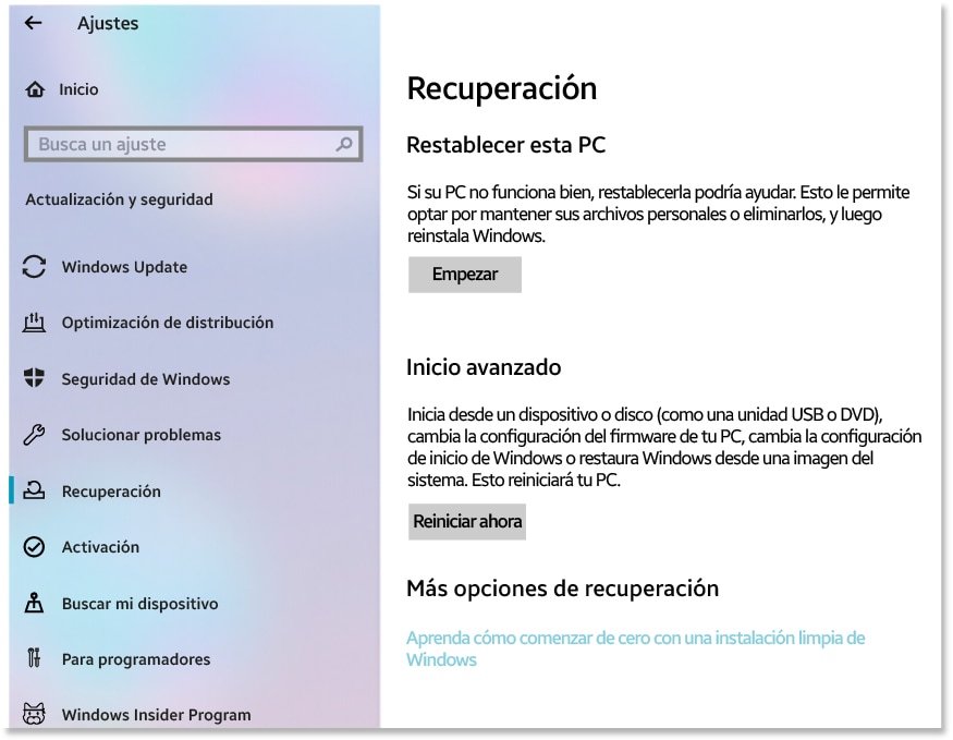 Select Recovery, and then select Get started under Reset this PC.