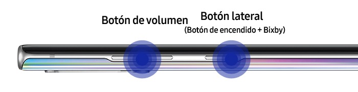 Imagen que muestra la tecla del Volumen y la tecla Lateral del lado izquierdo del dispositivo Note10