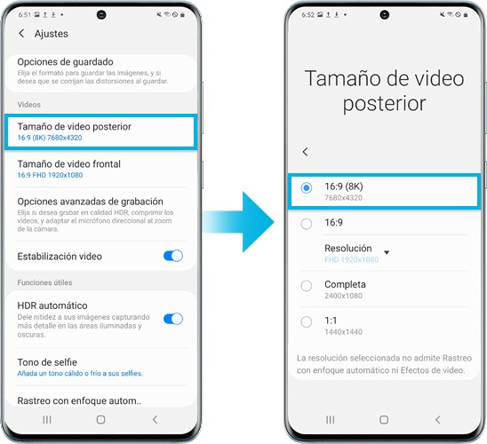 imagen de un dispositivo Galaxy S20 al activar el modo de video 8K