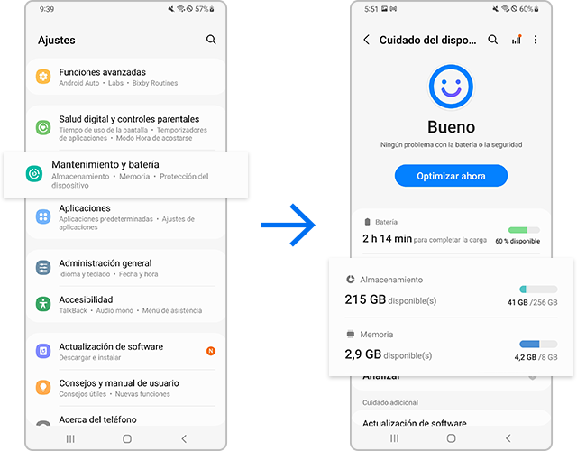 Comprobar el almacenamiento restante y el espacio de memoria