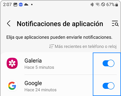 Una lista de aplicaciones con interruptores en la aplicación Galaxy Wearable
