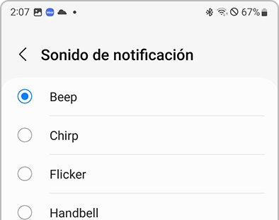 Lista de Sonido de notificación en la aplicación Galaxy Wearable