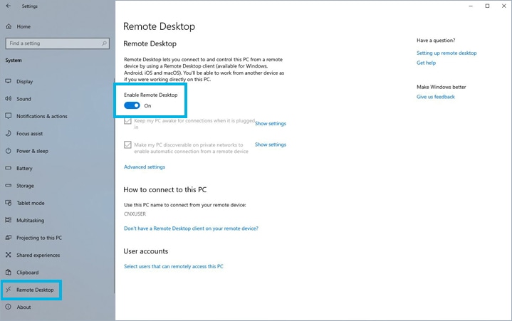 configuración de pc para la activación de escritorio remoto