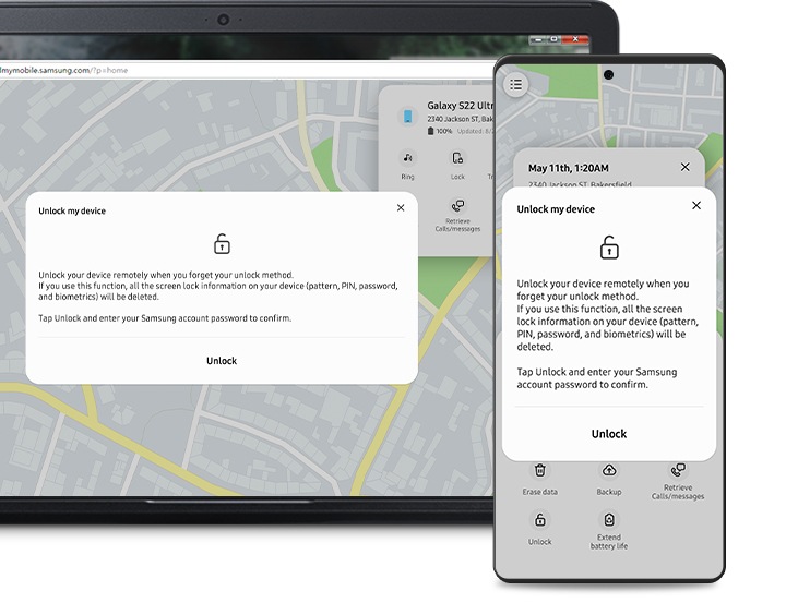 Una laptop y un teléfono inteligente con pantalla de Localizar mi móvil y ventana Desbloquear mi dispositivo indican que la función puede activarse en ambos.