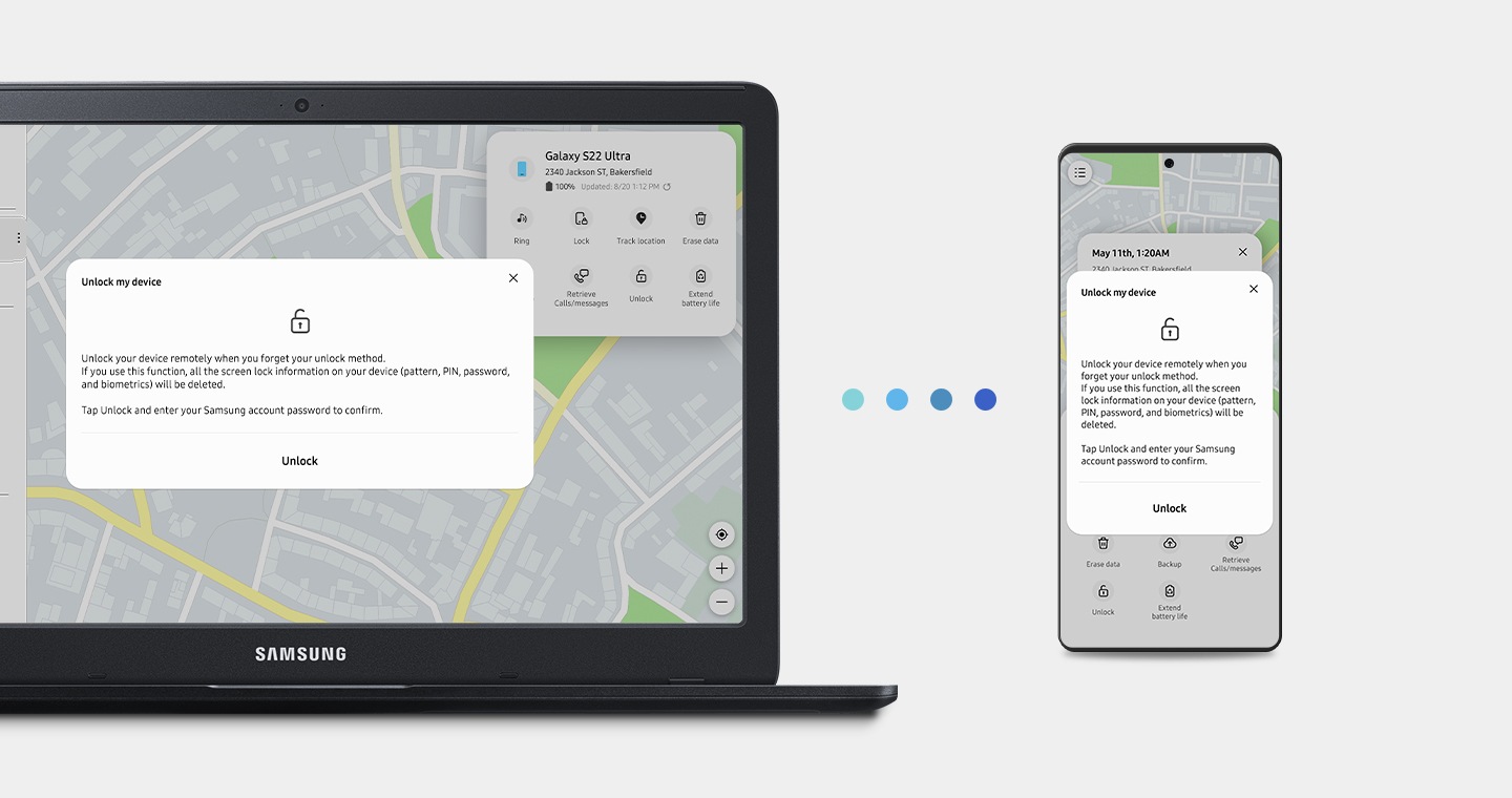 Una laptop y un teléfono inteligente con pantalla de Localizar mi móvil y ventana Desbloquear mi dispositivo indican que la función puede activarse en ambos.