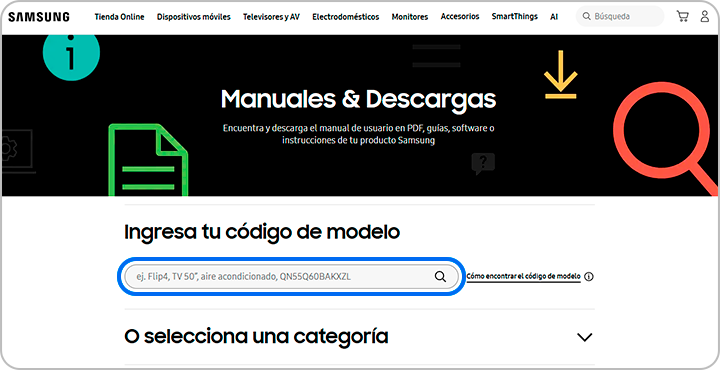 Búsqueda del modelo en la página de Manuales y descargas