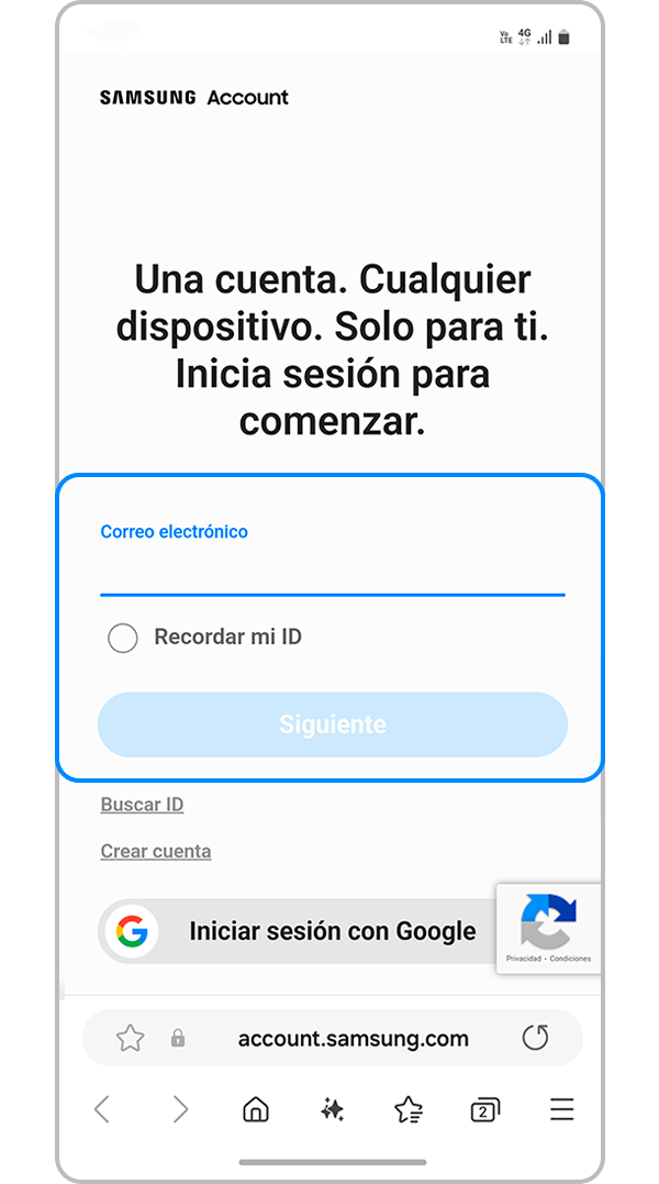 Imagen de un telefono en la pagina wed de smarthing find my mobile, con cuadro resaltando los espacios para poner datos de cuenta Samsung