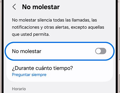 Menú del ajustes con la opción No molestar remarcada