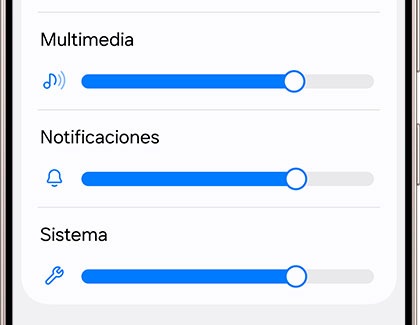 Menú de volmen del celular con controles de sonido de Multimedia, notificaciones y sistema