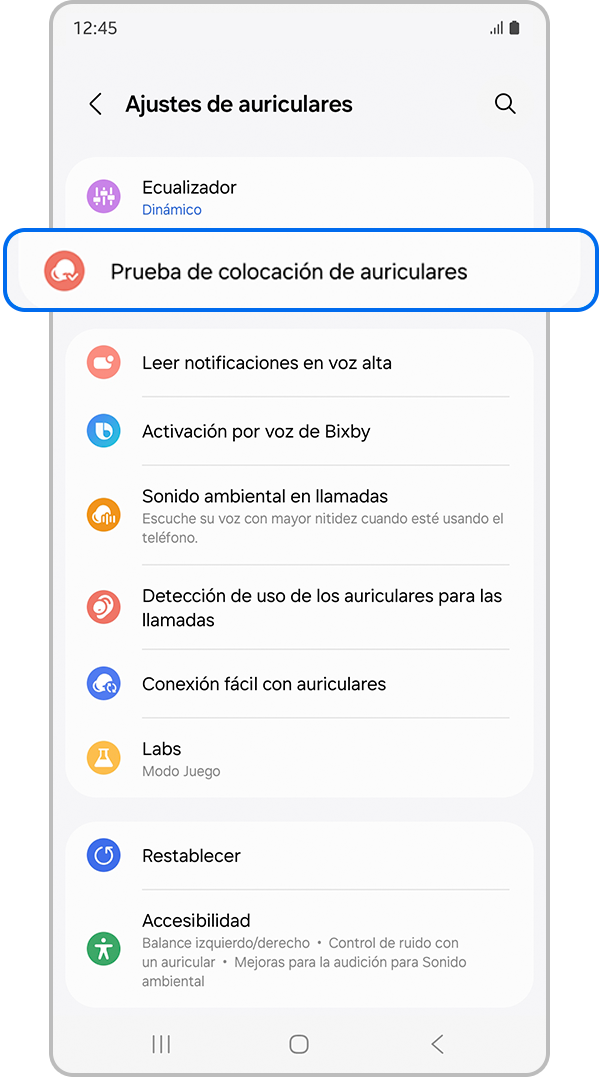 Pantalla de configuración de Galaxy Buds.