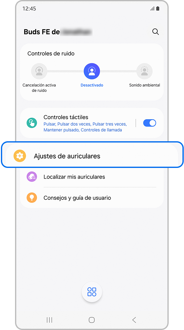 Pantalla de configuración de Galaxy Buds.