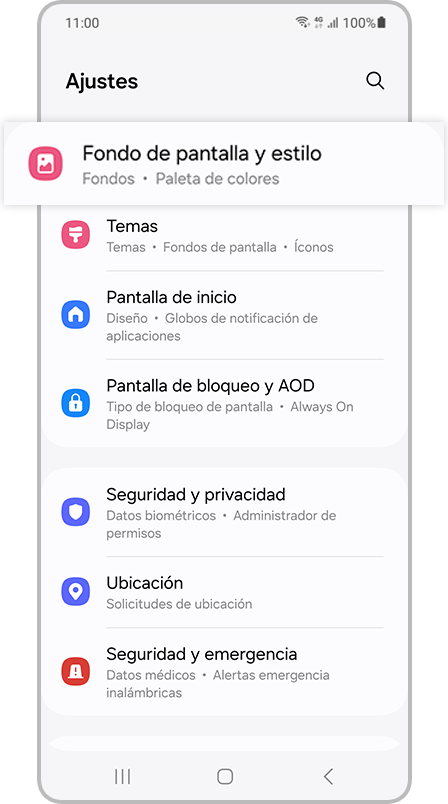 Ajustes del celular con la opcion Fondo de pantalla y estilo remarcada