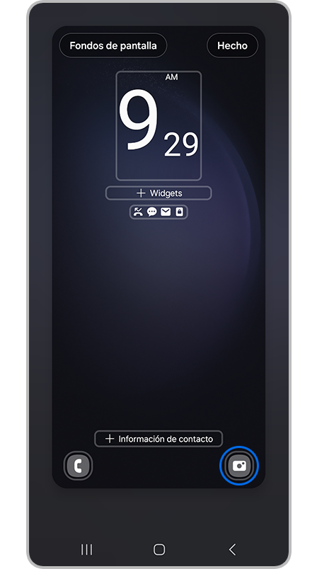 Ajustes de bloqueo de pantalla seleccionando el icono de cámara