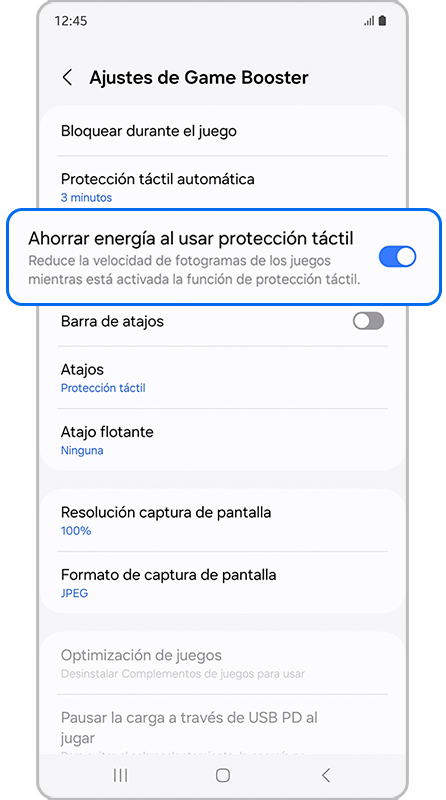 Activación del Ahorro con protección táctil