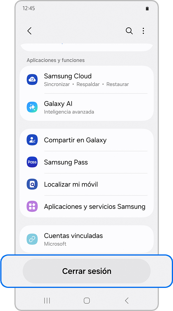Vista del menú de la cuenta Samsung con el botón Cerrar sesión resaltado.