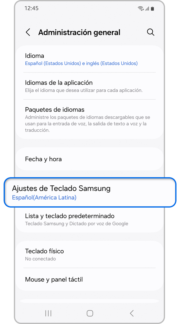 Captura de ajustes donde se resalta la opción Ajustes de Teclado Samsung