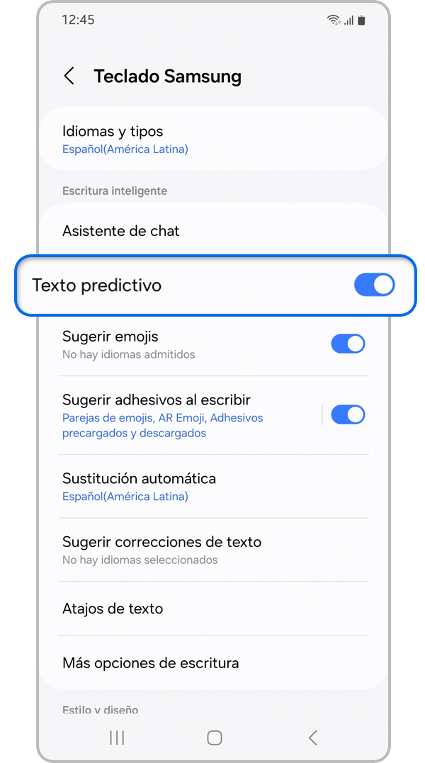 Captura de ajustes donde se resalta la opción Texto predictivo