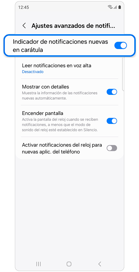 Lista de Ajustes avanzados de notificaciónes.